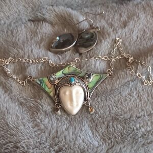 Vtg Sterling Silver Carved Goddess Necklace And Earrings